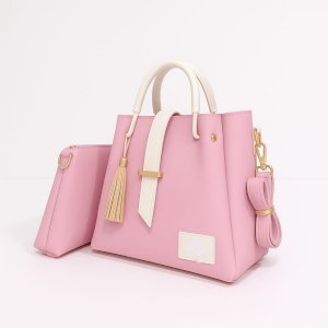 Two-Piece Synthetic Leather Handbag Set for Women – Available in Red, Grey, Pink & Blue