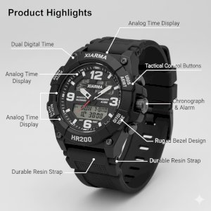 XIARMA HR9200 Men's Multifunctional Outdoor Sports Watch - Digital Analog Dual Display, Water Resistant, Shockproof Durable Tactical Military Style Chronograph Watch for Men - Black, Dual Time, Alarm, Date