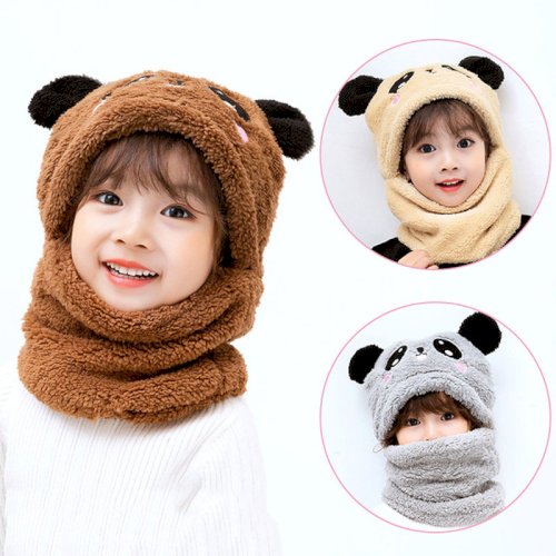 Winter Children Hat Plus Fleece Kids Wool Caps with Neck Warmer Cartoon Hat For Girls Boys Scarf Thicken Cap