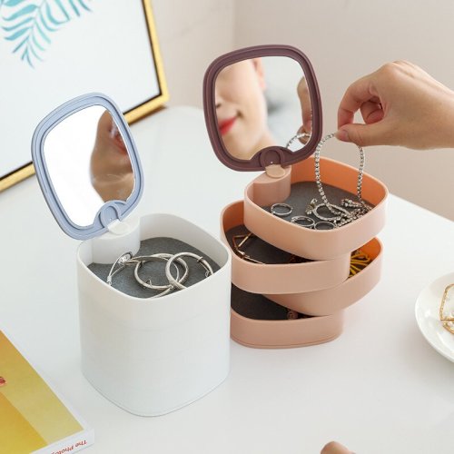 360° Rotating Jewelry Storage Box 4 Layers Portable Travel Jewellery Holder Jewellery Accessory Organizer Necklaces Bracelets Rings Earrings Holder with Mirror For Girl Women