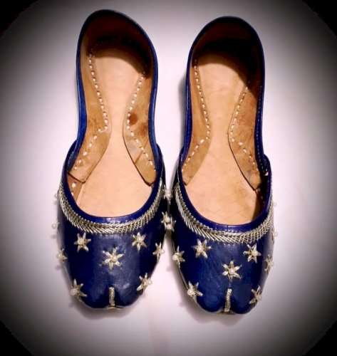 Leather khussa shoes k103 blue tila work embroidery 