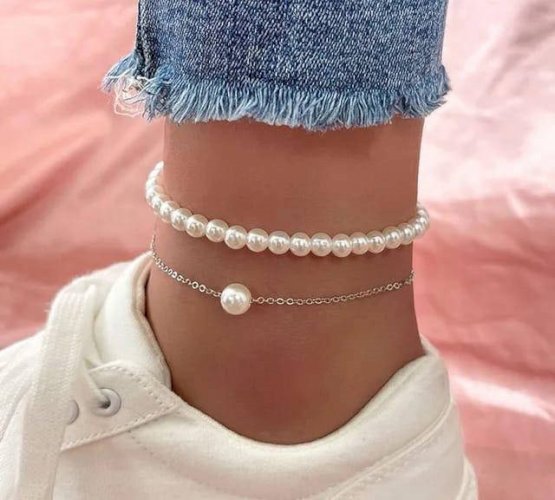 2 Pcs Silver Plated Pearl Stone Anklet