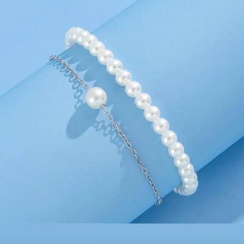 2 Pcs Silver Plated Pearl Stone Anklet