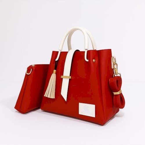 Two-Piece Synthetic Leather Handbag Set for Women – Available in Red, Grey, Pink & Blue