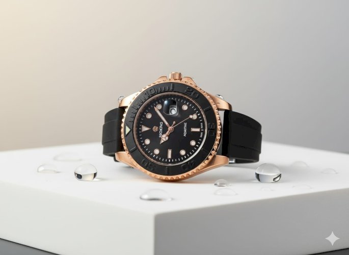 Men's Rose Gold And Sliver Dive Watch | Black Rubber Strap & Dial | Water Resistant Luxury Rose Gold & Black Men's Watch | Rubber Strap Diver Style PAGANI DESIGN (or Your Brand) Rose Gold Black Diver Watch | Silicone Strap |