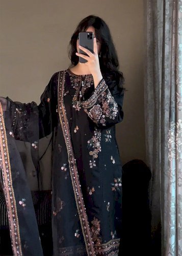 Nargis 3PCS – Black Embroidered Cotton Suit with Organza Dupatta