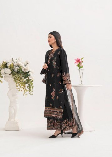 Nargis 3PCS – Black Embroidered Cotton Suit with Organza Dupatta