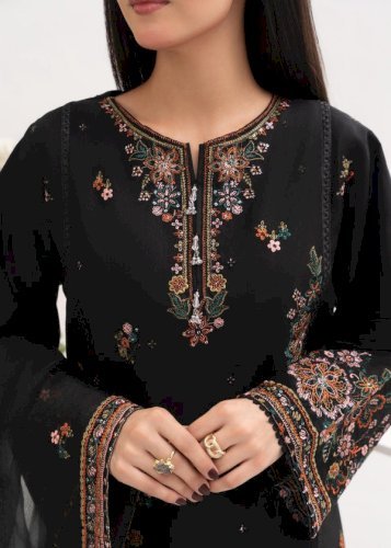 Nargis 3PCS – Black Embroidered Cotton Suit with Organza Dupatta