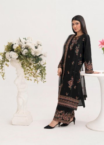 Nargis 3PCS – Black Embroidered Cotton Suit with Organza Dupatta