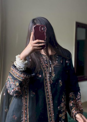 Nargis 3PCS – Black Embroidered Cotton Suit with Organza Dupatta