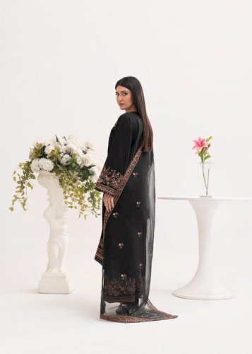 Nargis 3PCS – Black Embroidered Cotton Suit with Organza Dupatta