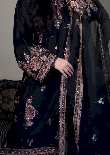 Nargis 3PCS – Black Embroidered Cotton Suit with Organza Dupatta