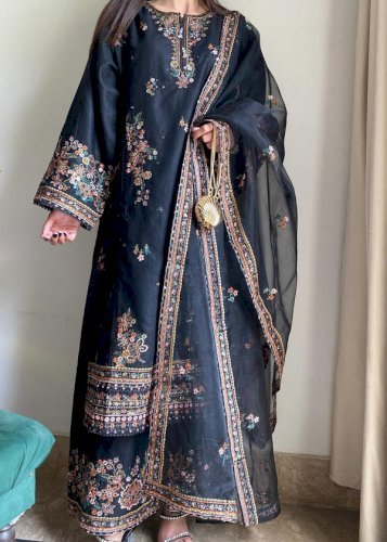 Nargis 3PCS – Black Embroidered Cotton Suit with Organza Dupatta