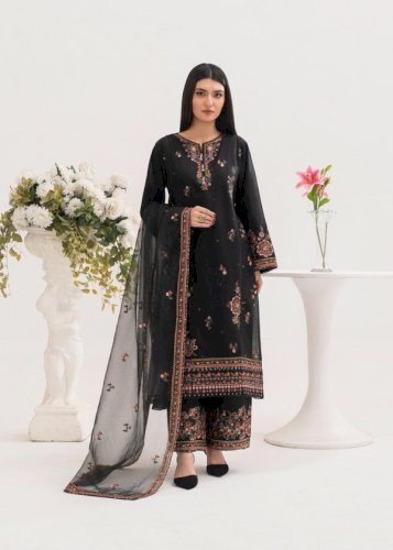 Nargis 3PCS – Black Embroidered Cotton Suit with Organza Dupatta