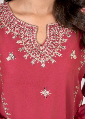 Mahreen 3PCS – Mauve Pink Embroidered Linen Chambray Suit with Organza Dupatta