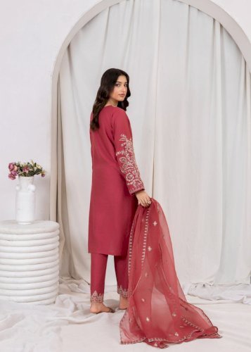 Mahreen 3PCS – Mauve Pink Embroidered Linen Chambray Suit with Organza Dupatta