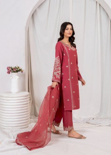 Mahreen 3PCS – Mauve Pink Embroidered Linen Chambray Suit with Organza Dupatta